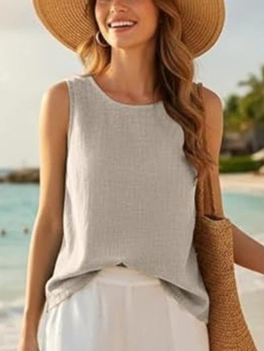 Summer Beige Soft Linen Blend Sleeveless tank Top - Picture 6 of 6